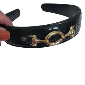 Black Faux Leather Headband with Gold Metal Accent